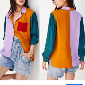 Farm Rio Color Block Silky Button Down, M